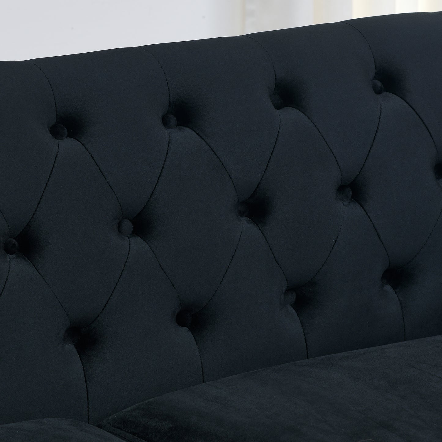 77-Inch Modern Chesterfield Velvet Sofa, 3-Seater Sofa, Upholstered Tufted Backrests with Nailhead Arms and 2 Cushions for Living Room, Bedroom, Apartment, Office (Black) image 11