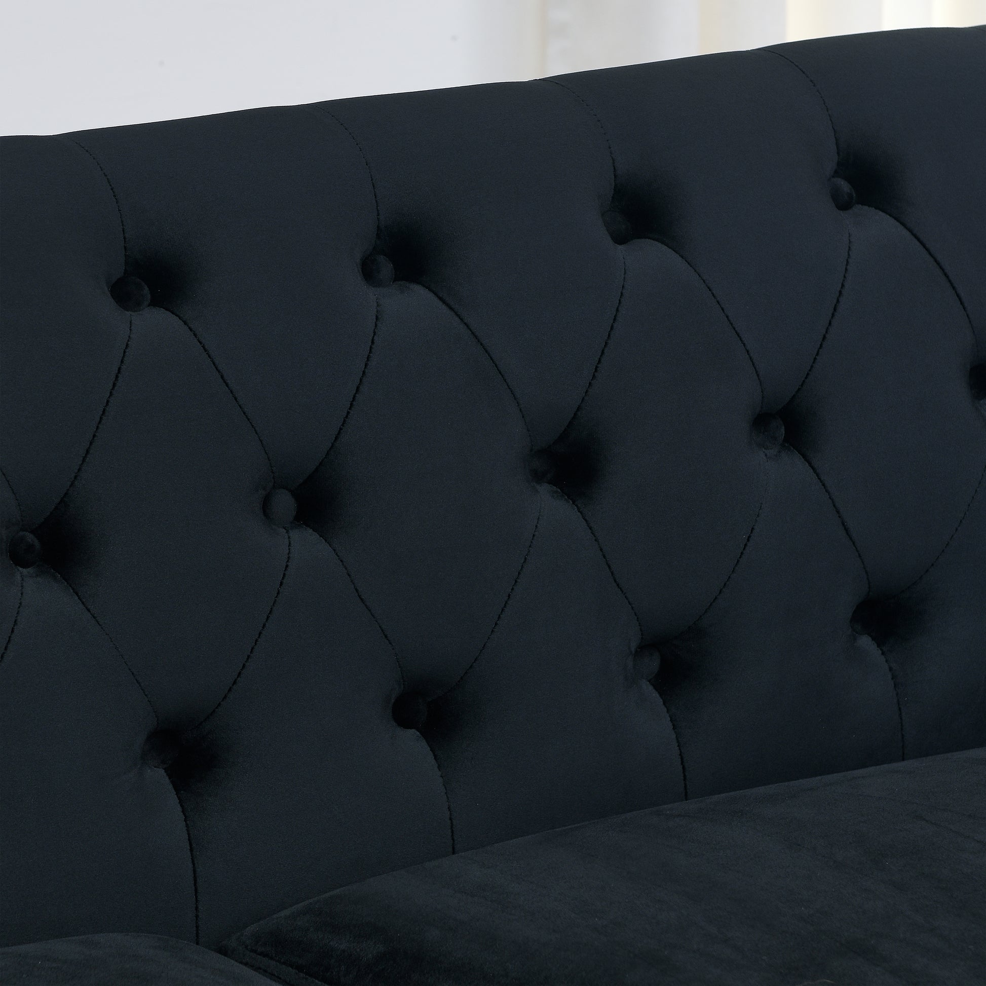 77-Inch Modern Chesterfield Velvet Sofa, 3-Seater Sofa, Upholstered Tufted Backrests with Nailhead Arms and 2 Cushions for Living Room, Bedroom, Apartment, Office (Black) image 11