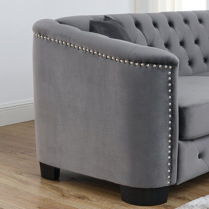 77-Inch Modern Chesterfield Velvet Sofa, 3-Seater Sofa, Upholstered Tufted Backrests with Nailhead Arms and 2 Cushions for Living Room, Bedroom, Apartment, Office (Grey) image 9