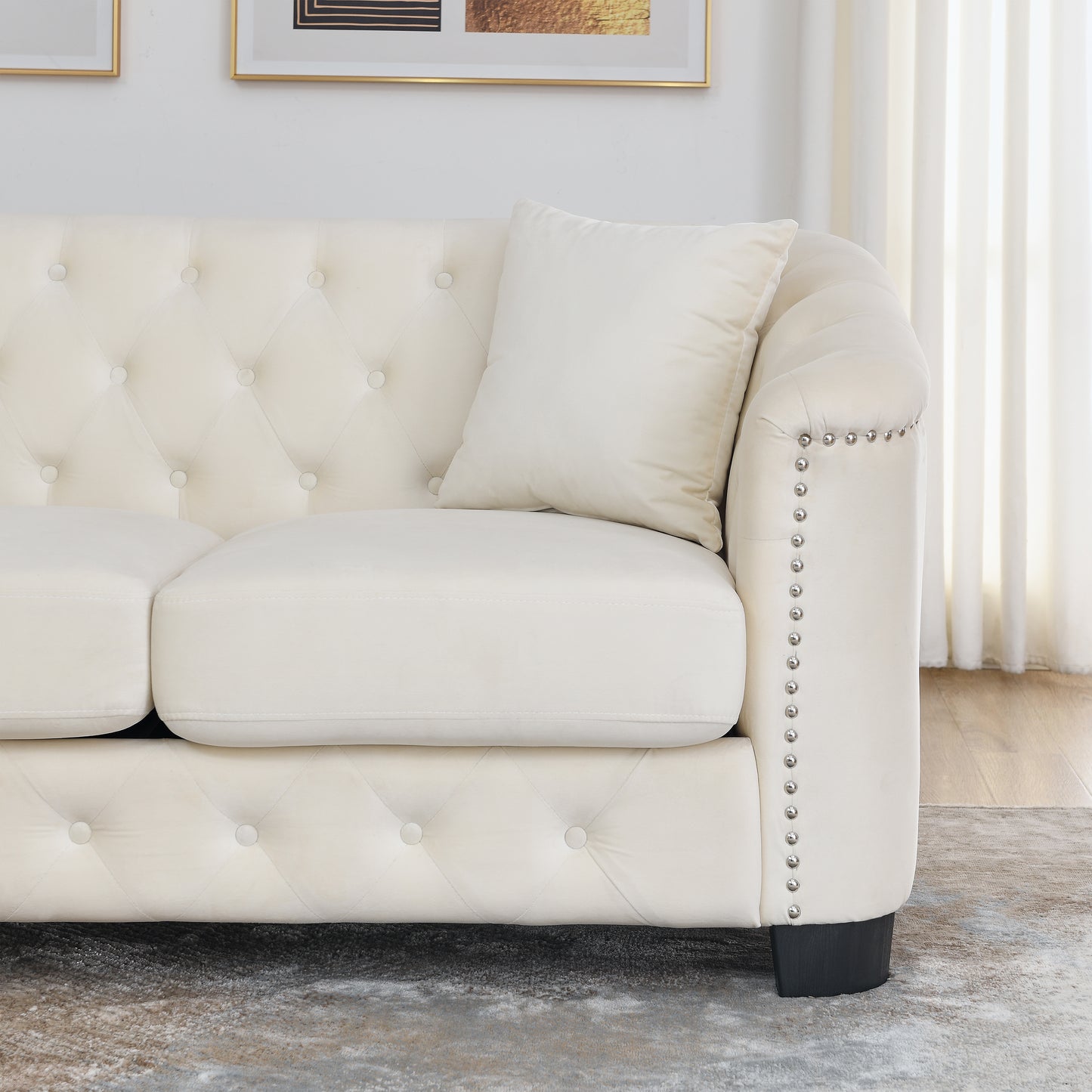 59-Inch Modern Chesterfield Velvet Sofa, 2-Seater Sofa, Upholstered Tufted Backrests with Nailhead Arms and 2 Cushions for Living Room, Bedroom, Apartment, Office (Beige) image 12