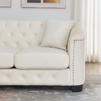 59-Inch Modern Chesterfield Velvet Sofa, 2-Seater Sofa, Upholstered Tufted Backrests with Nailhead Arms and 2 Cushions for Living Room, Bedroom, Apartment, Office (Beige) image 12