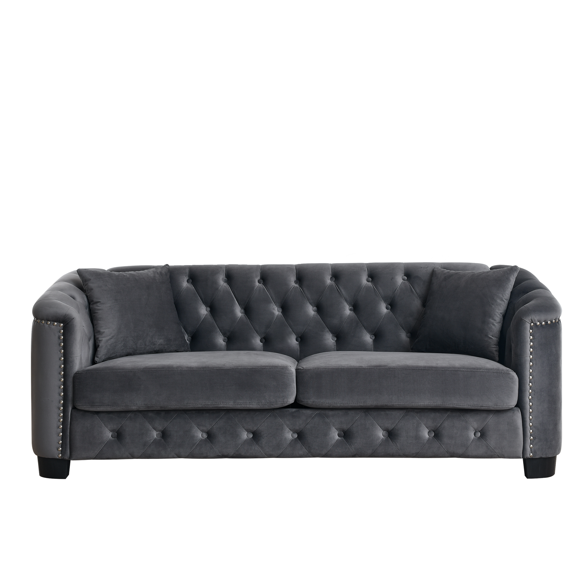 77-Inch Modern Chesterfield Velvet Sofa, 3-Seater Sofa, Upholstered Tufted Backrests with Nailhead Arms and 2 Cushions for Living Room, Bedroom, Apartment, Office (Grey) image 5