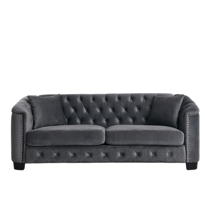 77-Inch Modern Chesterfield Velvet Sofa, 3-Seater Sofa, Upholstered Tufted Backrests with Nailhead Arms and 2 Cushions for Living Room, Bedroom, Apartment, Office (Grey) image 5