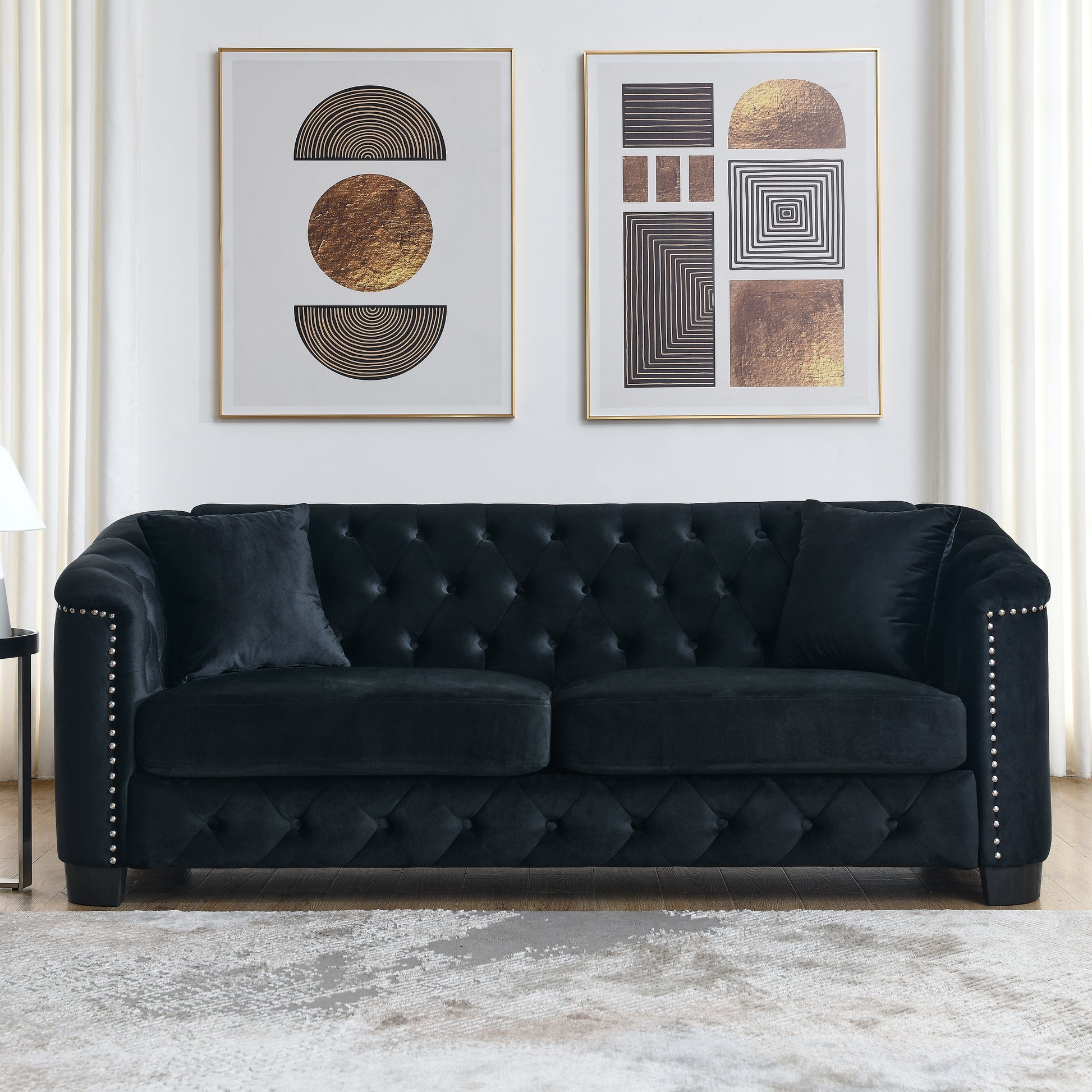 77-Inch Modern Chesterfield Velvet Sofa, 3-Seater Sofa, Upholstered Tufted Backrests with Nailhead Arms and 2 Cushions for Living Room, Bedroom, Apartment, Office (Black) image 2