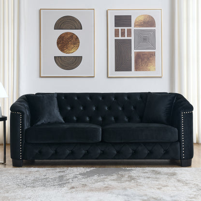 77-Inch Modern Chesterfield Velvet Sofa, 3-Seater Sofa, Upholstered Tufted Backrests with Nailhead Arms and 2 Cushions for Living Room, Bedroom, Apartment, Office (Black) image 2
