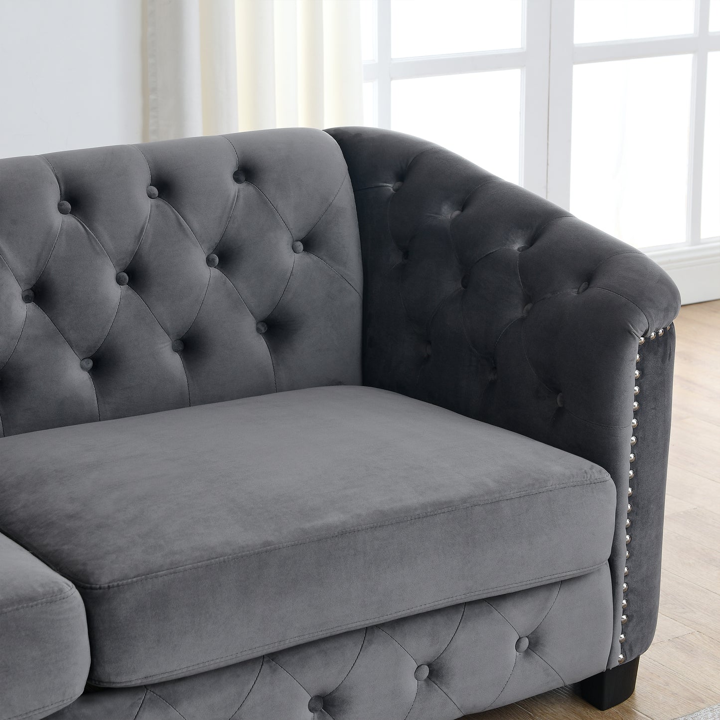 77-Inch Modern Chesterfield Velvet Sofa, 3-Seater Sofa, Upholstered Tufted Backrests with Nailhead Arms and 2 Cushions for Living Room, Bedroom, Apartment, Office (Grey) image 10