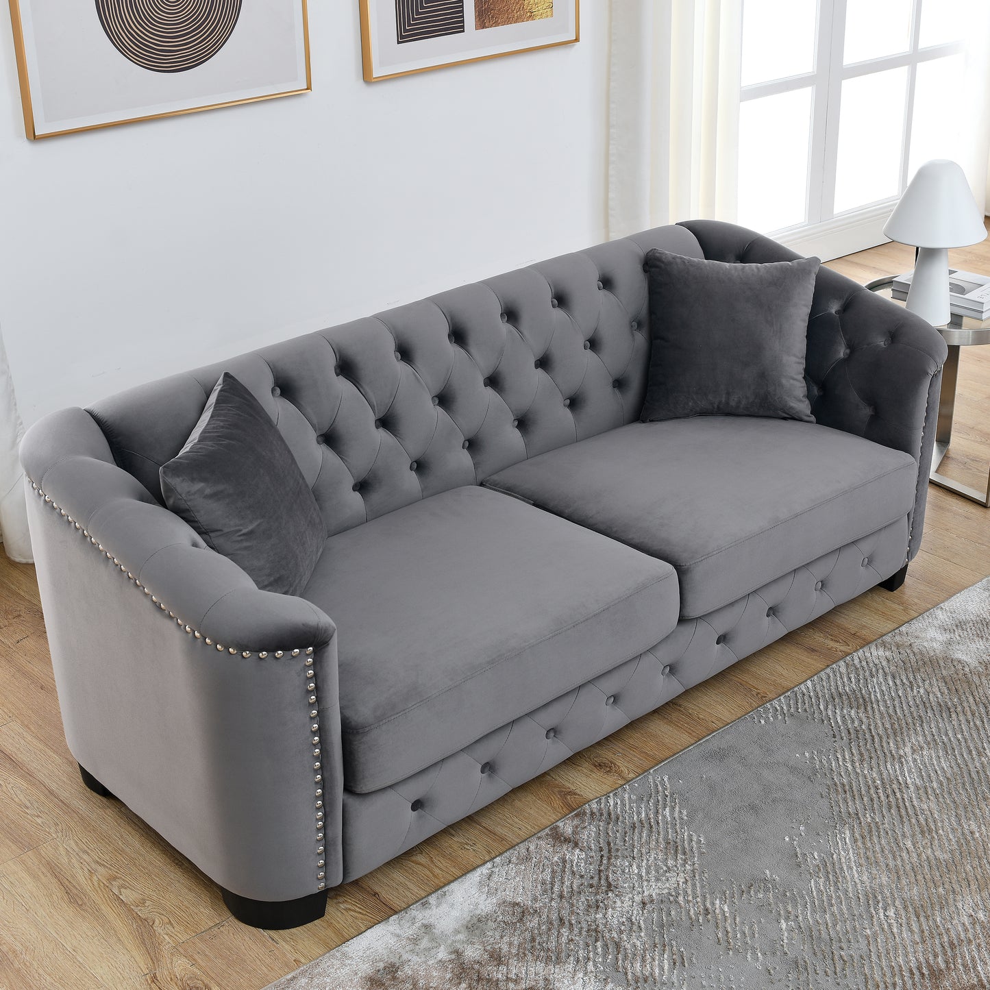 77-Inch Modern Chesterfield Velvet Sofa, 3-Seater Sofa, Upholstered Tufted Backrests with Nailhead Arms and 2 Cushions for Living Room, Bedroom, Apartment, Office (Grey) image 1
