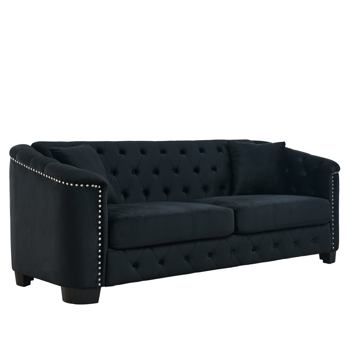 77-Inch Modern Chesterfield Velvet Sofa, 3-Seater Sofa, Upholstered Tufted Backrests with Nailhead Arms and 2 Cushions for Living Room, Bedroom, Apartment, Office (Black) image 6