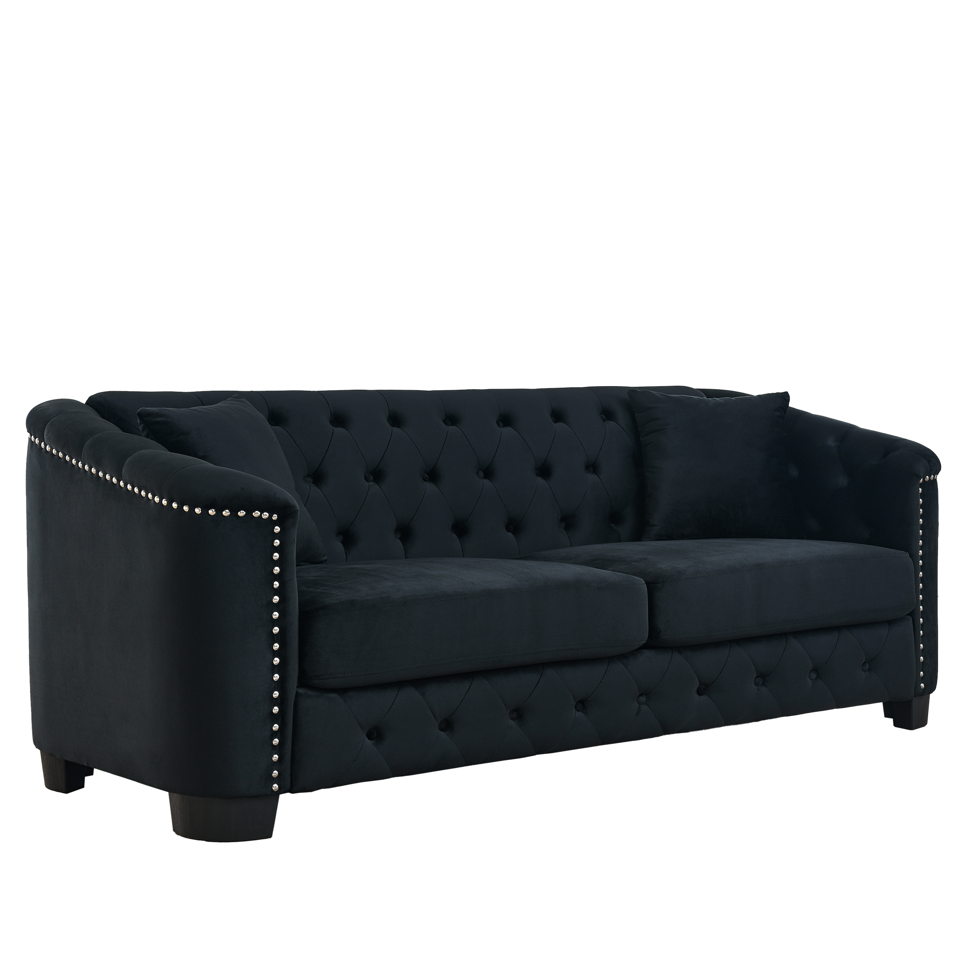 77-Inch Modern Chesterfield Velvet Sofa, 3-Seater Sofa, Upholstered Tufted Backrests with Nailhead Arms and 2 Cushions for Living Room, Bedroom, Apartment, Office (Black) image 6