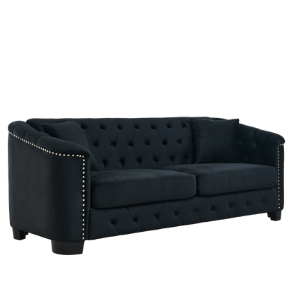 77-Inch Modern Chesterfield Velvet Sofa, 3-Seater Sofa, Upholstered Tufted Backrests with Nailhead Arms and 2 Cushions for Living Room, Bedroom, Apartment, Office (Black) image 6