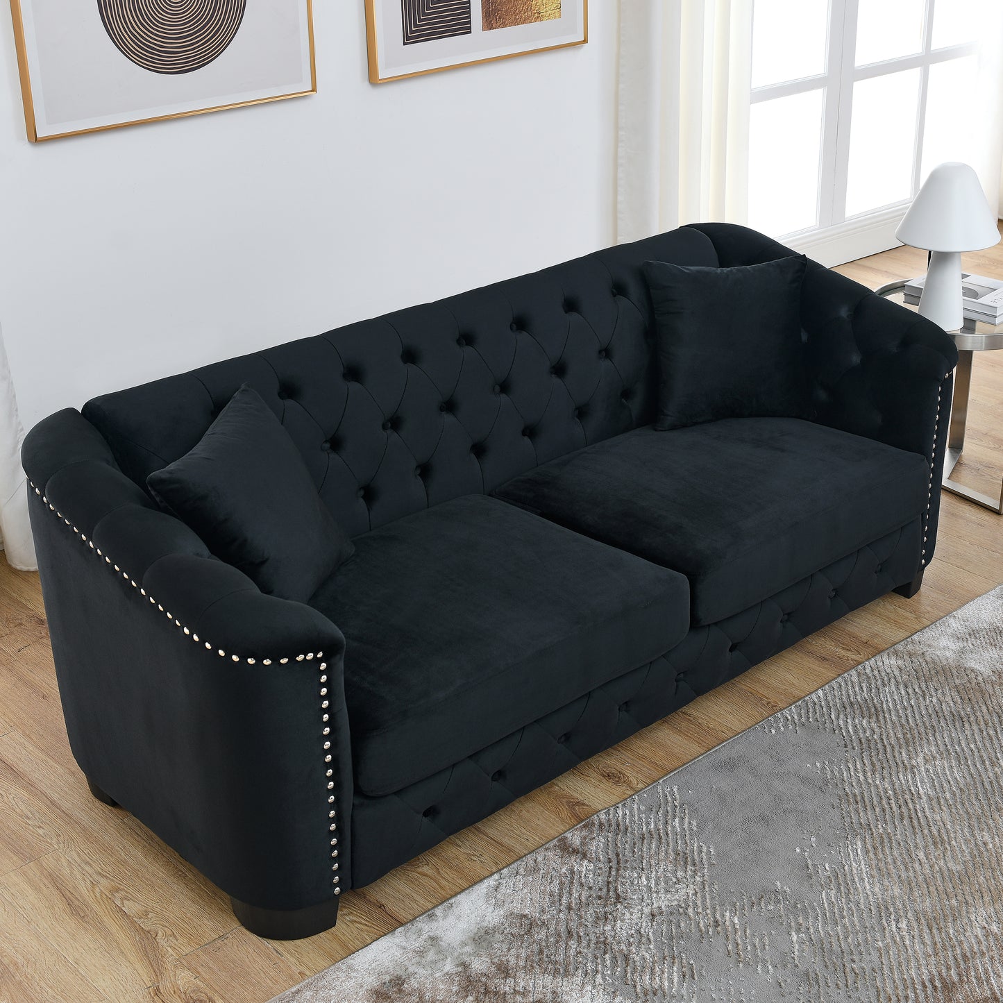 77-Inch Modern Chesterfield Velvet Sofa, 3-Seater Sofa, Upholstered Tufted Backrests with Nailhead Arms and 2 Cushions for Living Room, Bedroom, Apartment, Office (Black) image 3