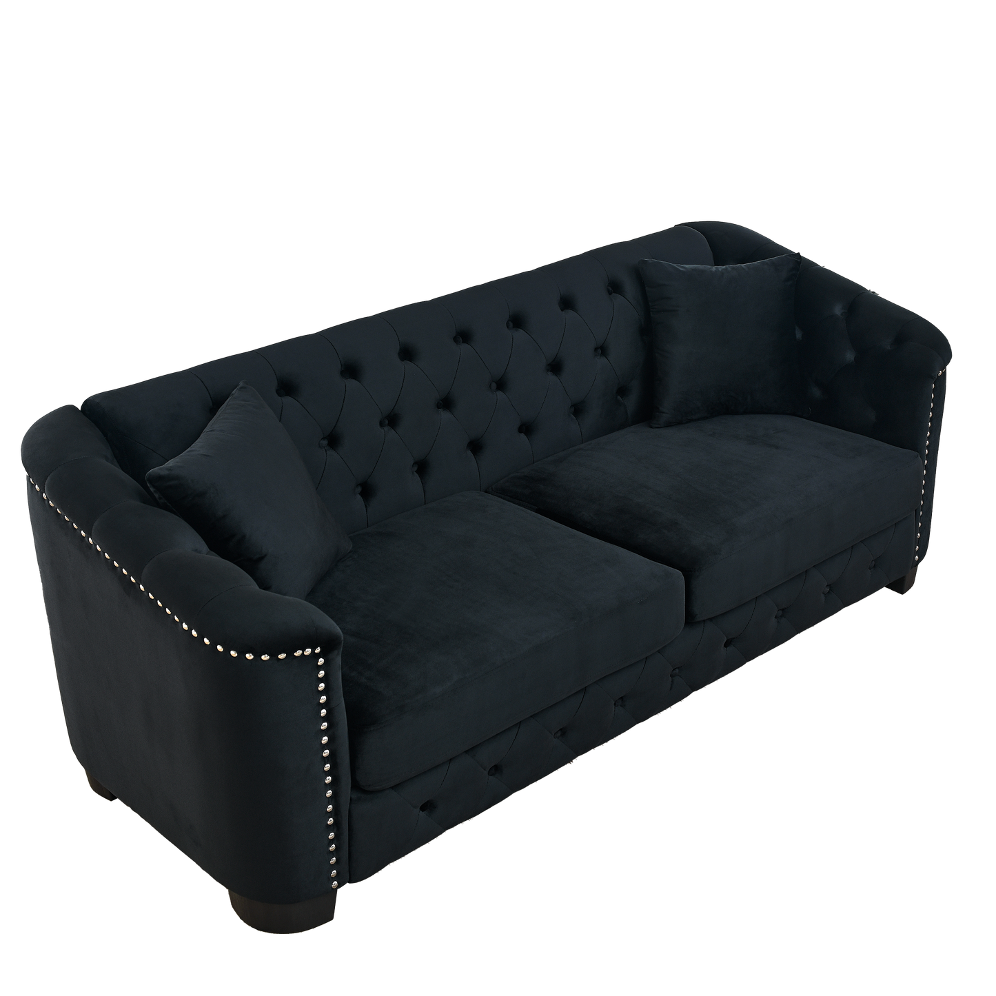 77-Inch Modern Chesterfield Velvet Sofa, 3-Seater Sofa, Upholstered Tufted Backrests with Nailhead Arms and 2 Cushions for Living Room, Bedroom, Apartment, Office (Black) image 5