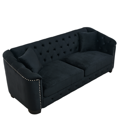 77-Inch Modern Chesterfield Velvet Sofa, 3-Seater Sofa, Upholstered Tufted Backrests with Nailhead Arms and 2 Cushions for Living Room, Bedroom, Apartment, Office (Black) image 5