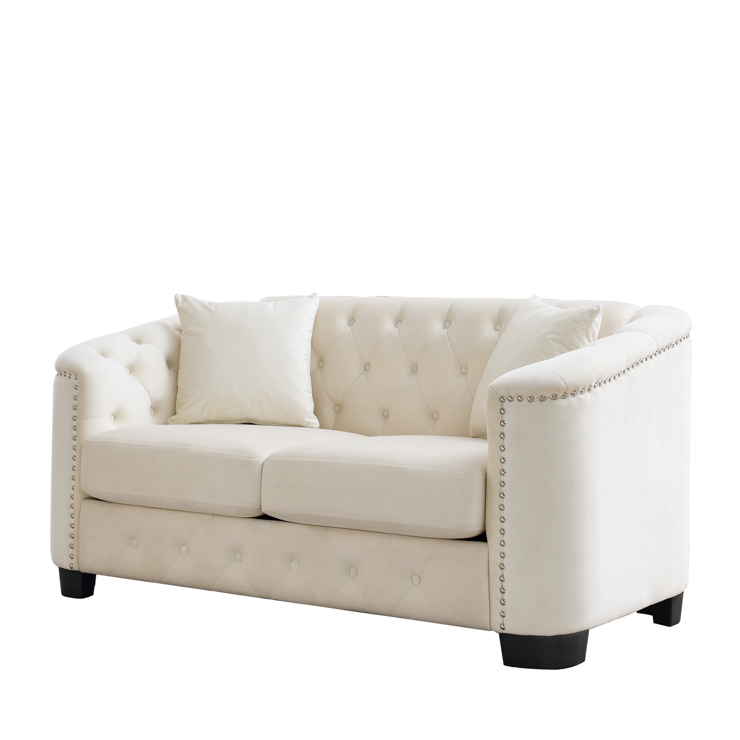 59-Inch Modern Chesterfield Velvet Sofa, 2-Seater Sofa, Upholstered Tufted Backrests with Nailhead Arms and 2 Cushions for Living Room, Bedroom, Apartment, Office (Beige) image 5