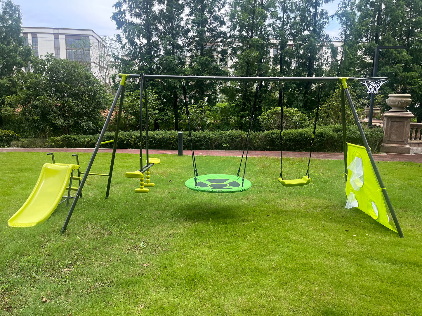 XNS052 green and blue interesting six function swingset with net swing metal plastic safe swing set 440lbs for outdoor playground for age 3+ with 31.5in net swing image 11