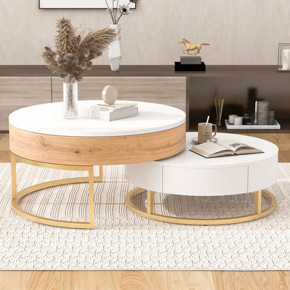 Modern Round Lift-top Nesting Coffee Tables with 2 Drawers White & Natural image 8