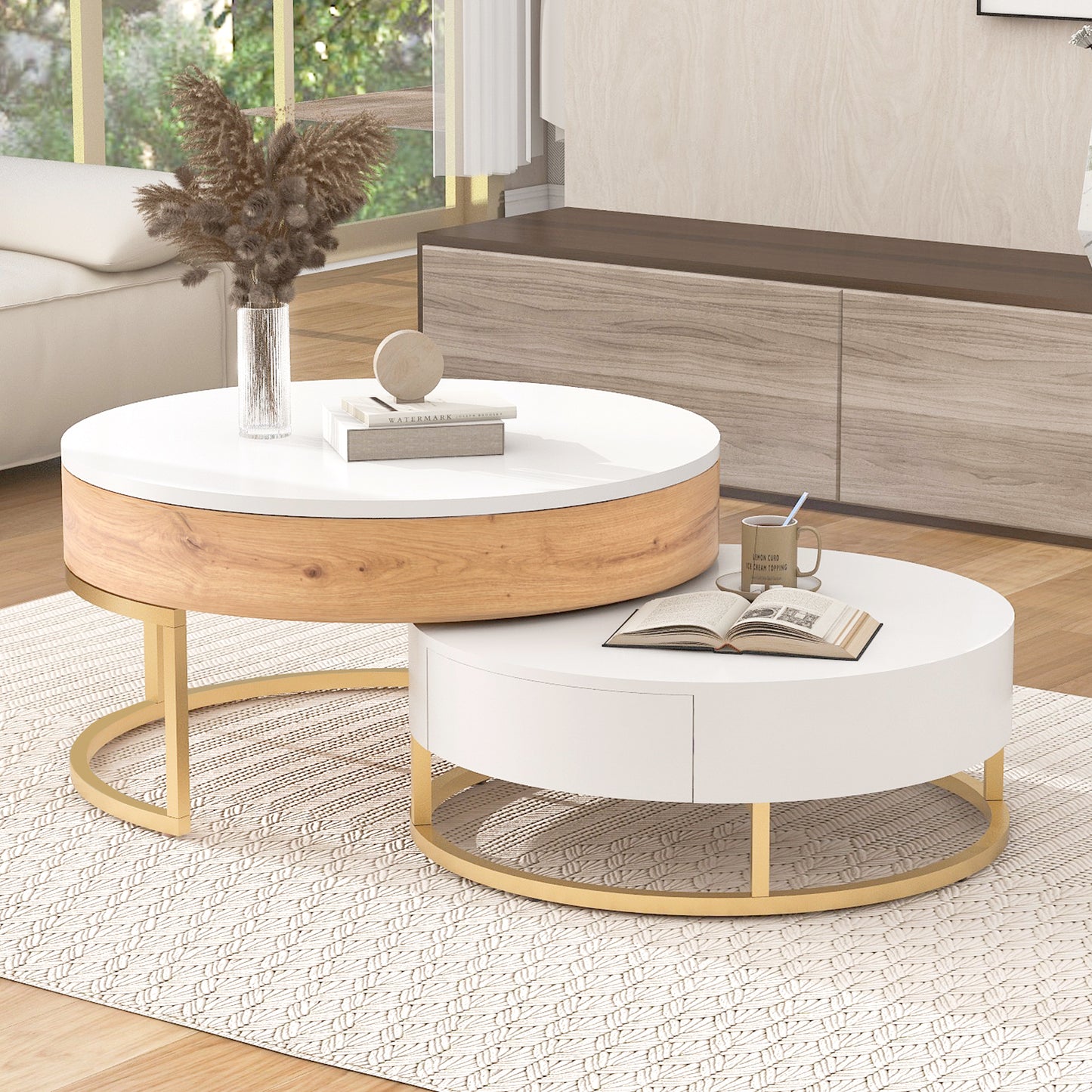 Modern Round Lift-top Nesting Coffee Tables with 2 Drawers White & Natural image 6