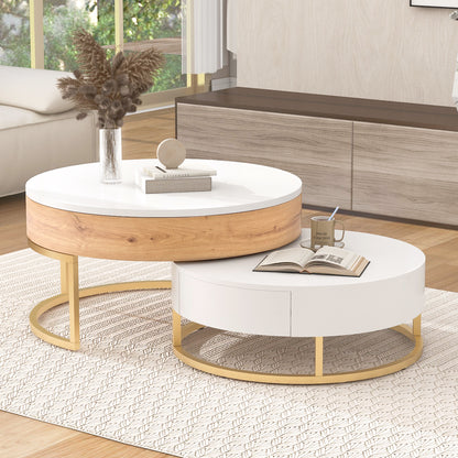 Modern Round Lift-top Nesting Coffee Tables with 2 Drawers White & Natural image 6