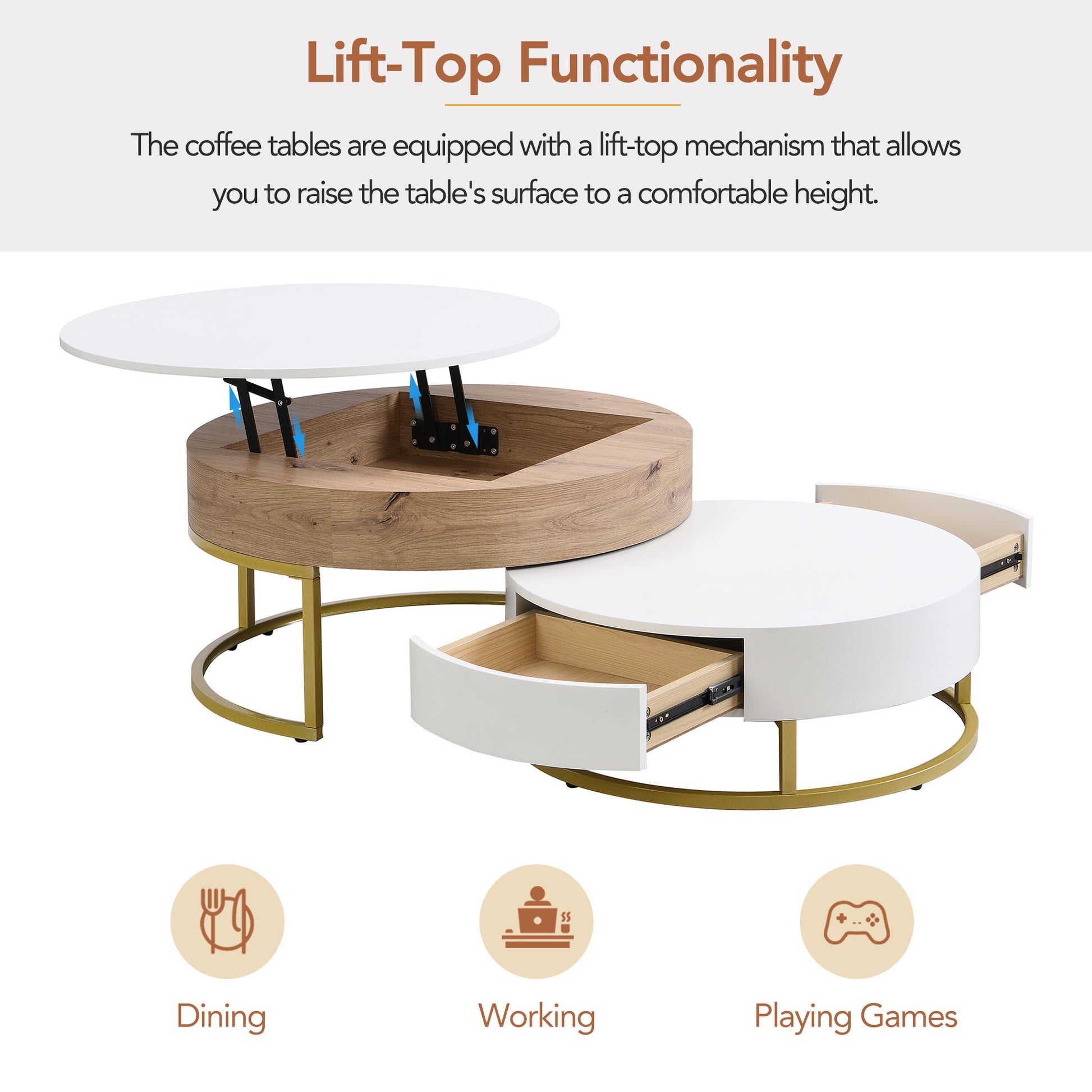 Modern Round Lift-top Nesting Coffee Tables with 2 Drawers White & Natural image 10