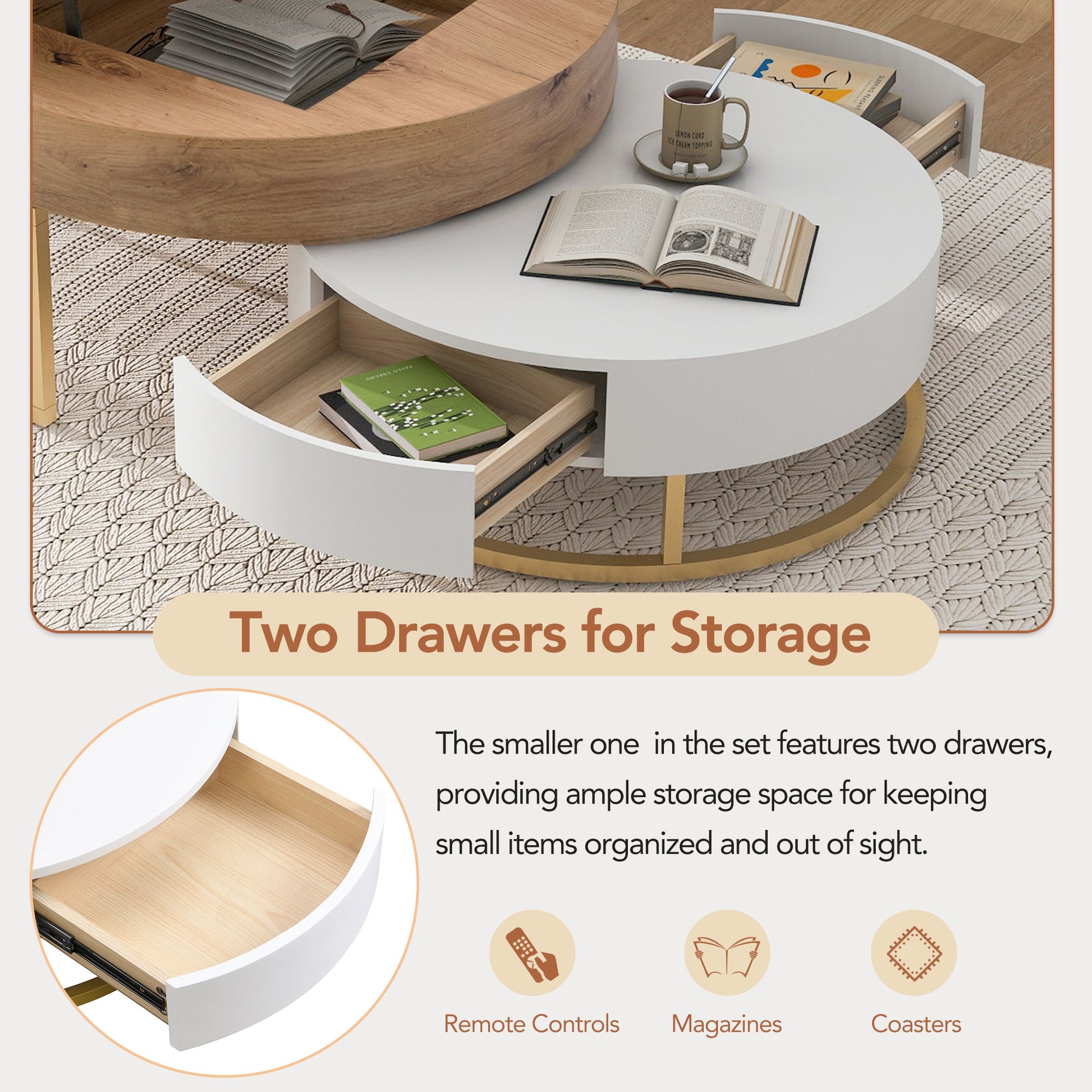 Modern Round Lift-top Nesting Coffee Tables with 2 Drawers White & Natural image 9