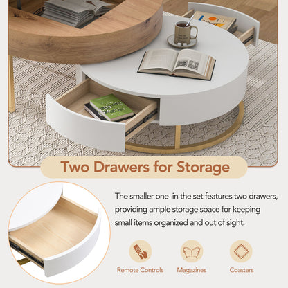 Modern Round Lift-top Nesting Coffee Tables with 2 Drawers White & Natural image 9