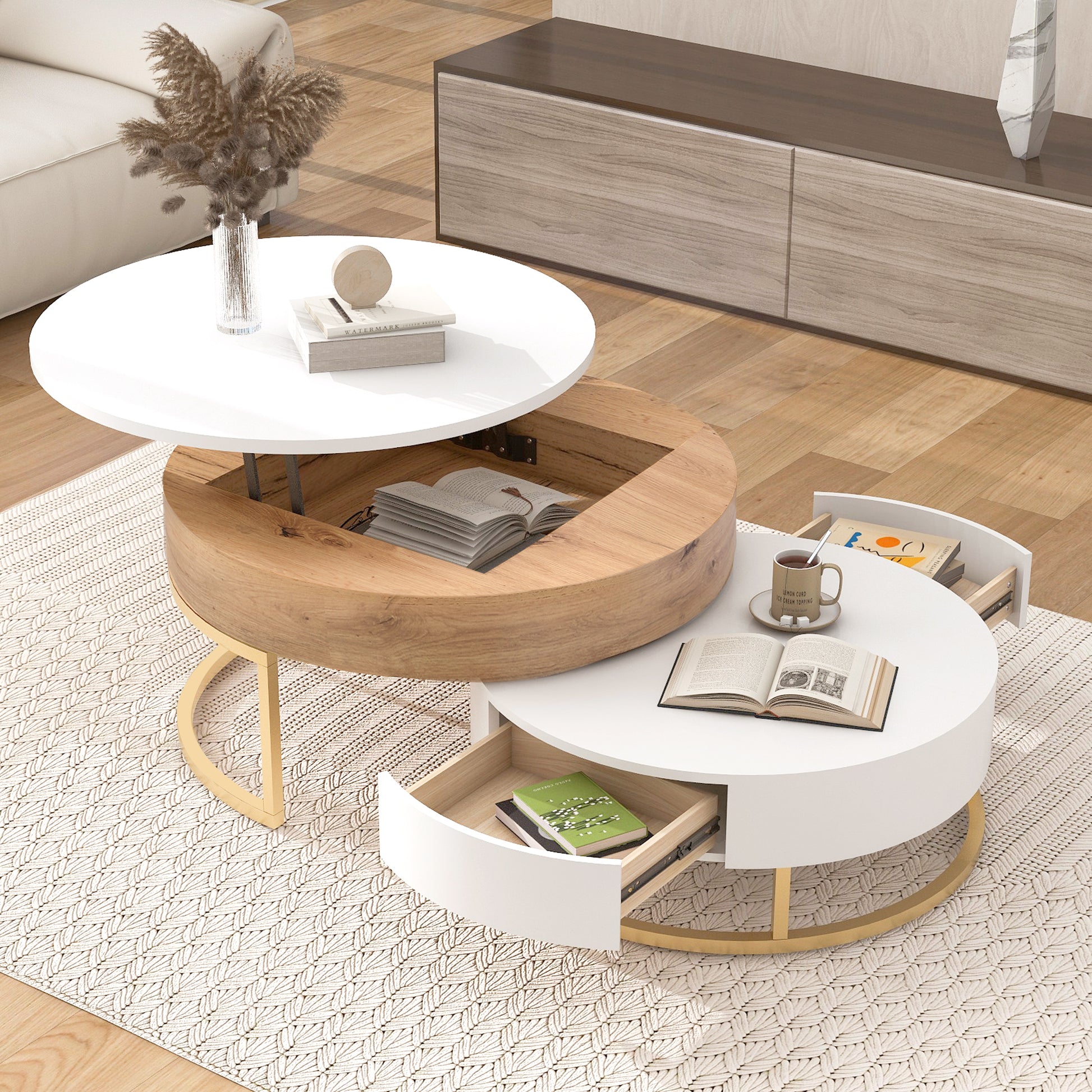 Modern Round Lift-top Nesting Coffee Tables with 2 Drawers White & Natural image 5