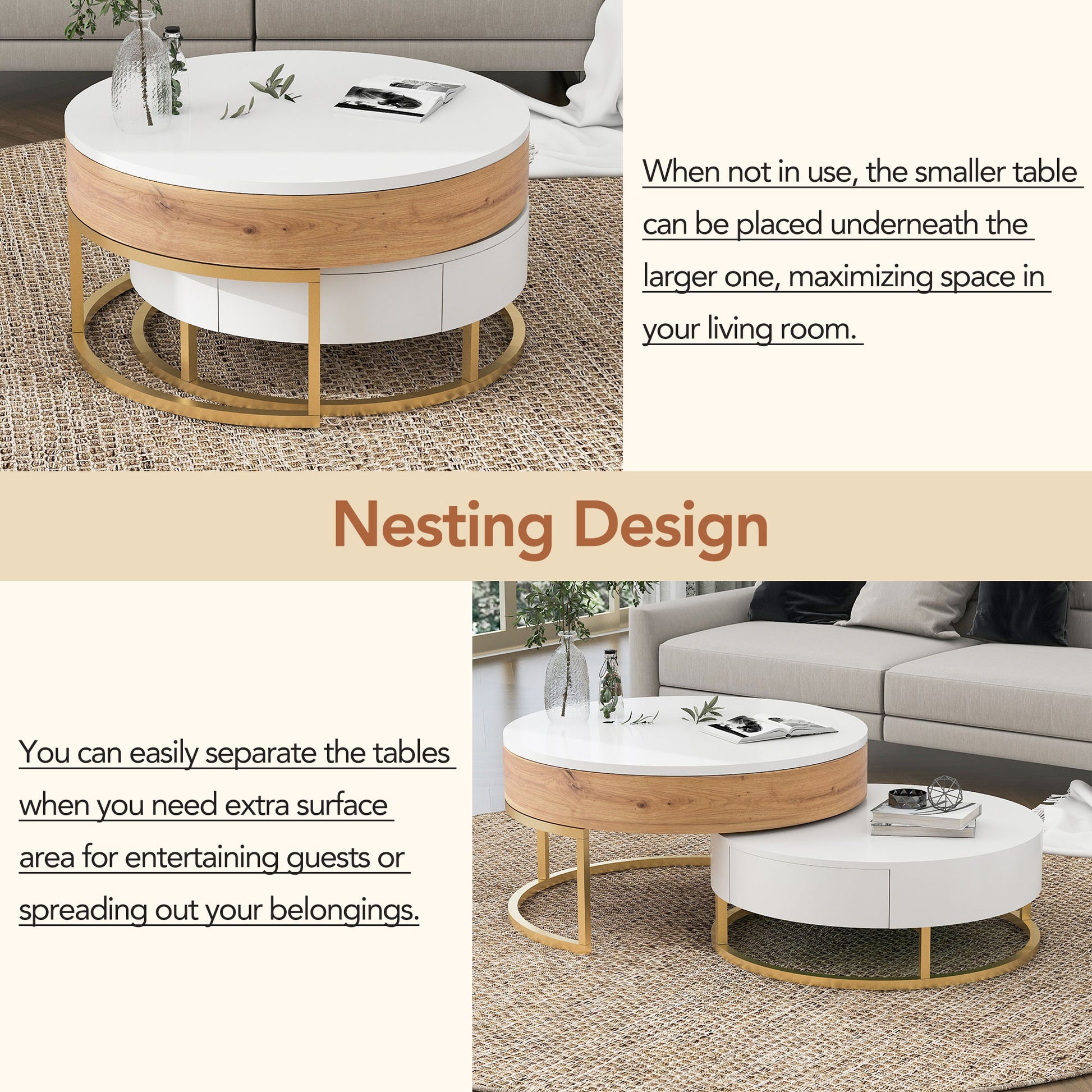 Modern Round Lift-top Nesting Coffee Tables with 2 Drawers White & Natural image 11