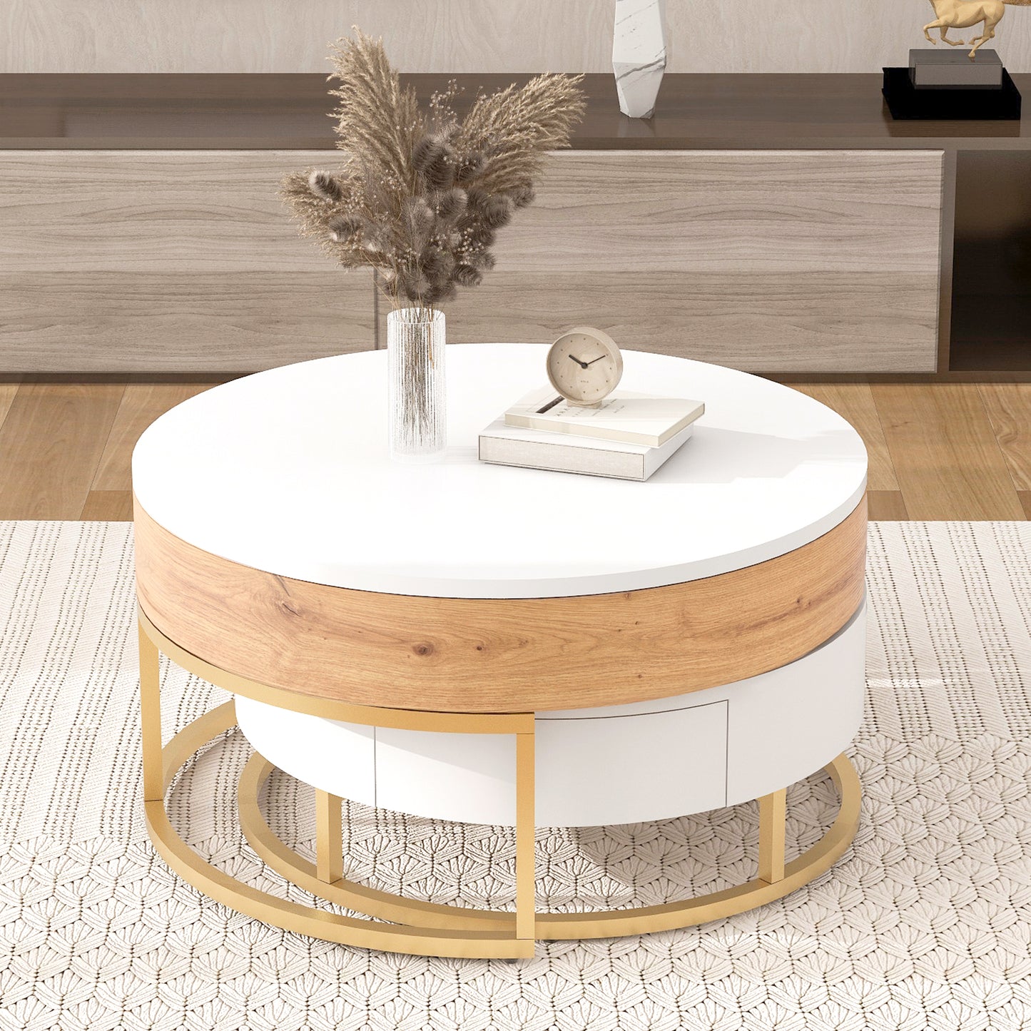 Modern Round Lift-top Nesting Coffee Tables with 2 Drawers White & Natural image 7