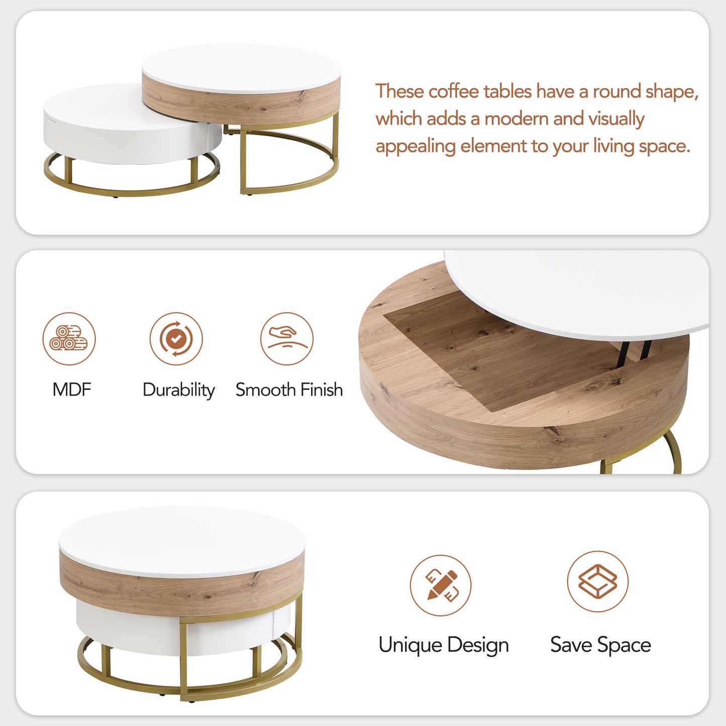 Modern Round Lift-top Nesting Coffee Tables with 2 Drawers White & Natural image 12