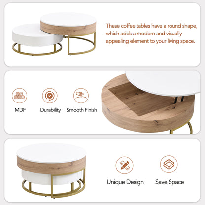 Modern Round Lift-top Nesting Coffee Tables with 2 Drawers White & Natural image 12