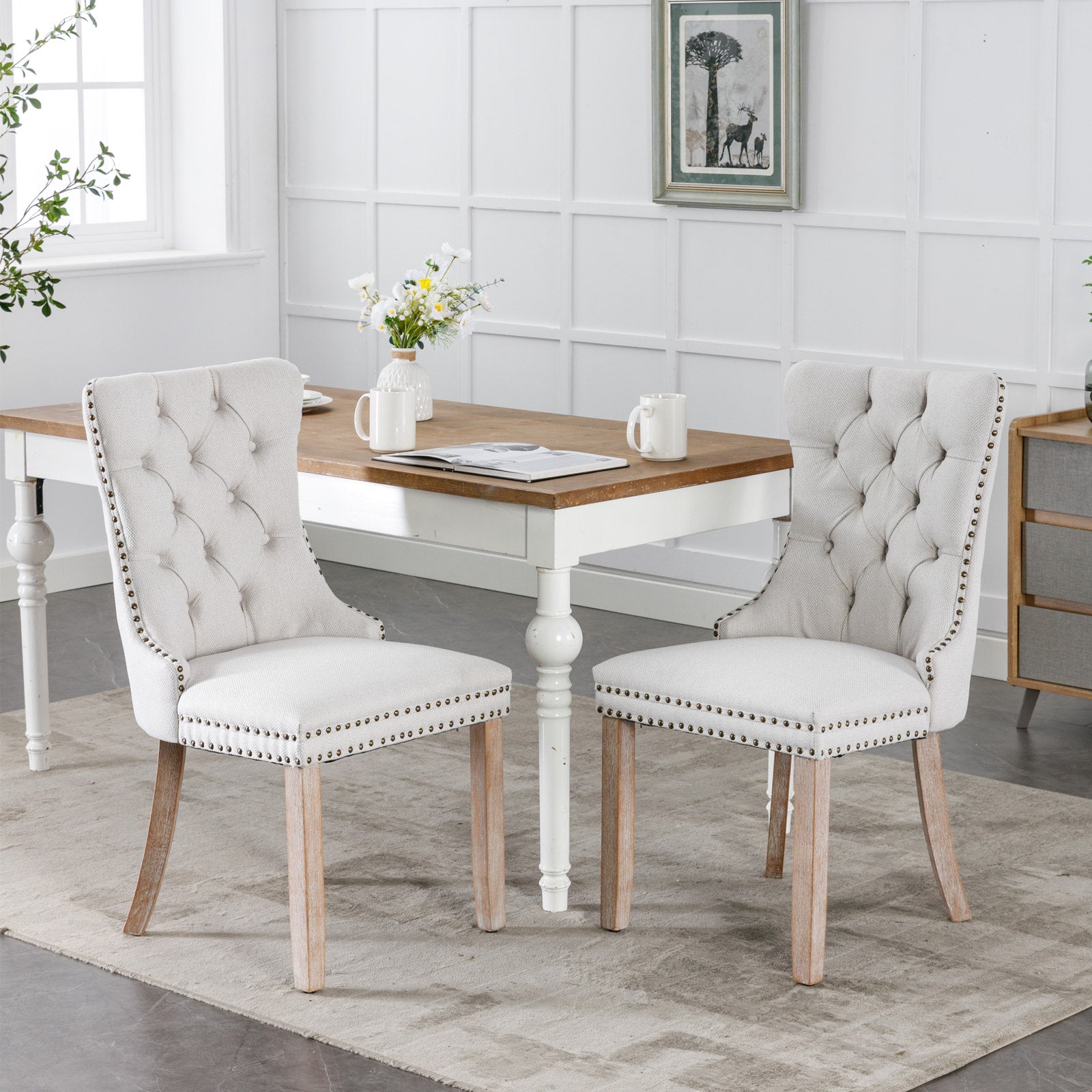 Nikki Collection Modern, High-end Tufted Solid Wood Contemporary Flax Upholstered Dining Chair with Wood Legs Nailhead Trim 2-Pcs Set,Gray, SW6801BG image 1