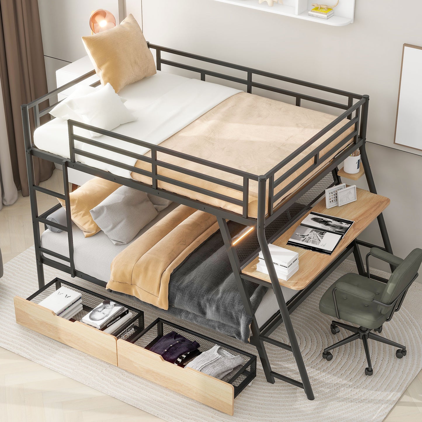 Full Size Metal Bunk Bed with Built-in Desk, Light and 2 Drawers, Black image 11