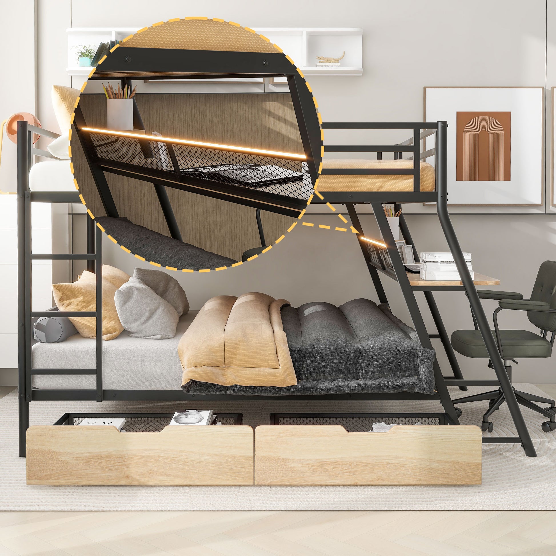 Full Size Metal Bunk Bed with Built-in Desk, Light and 2 Drawers, Black image 12