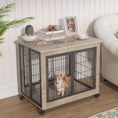 Furniture Style Dog Crate Side Table on Wheels - Grey - Dekuch