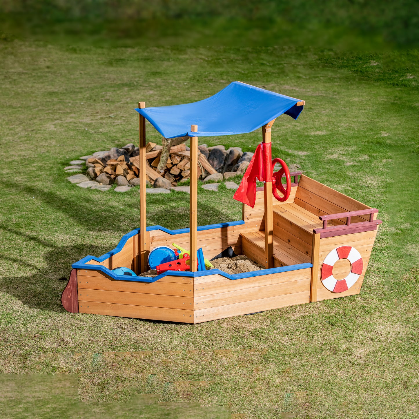 Out door sand box Pirate Ship Sandbox with Cover and Rudder, Wooden Sandbox with Storage Bench and Seat, Outdoor Toy for Kids Ages 3-8 Years Old image 1