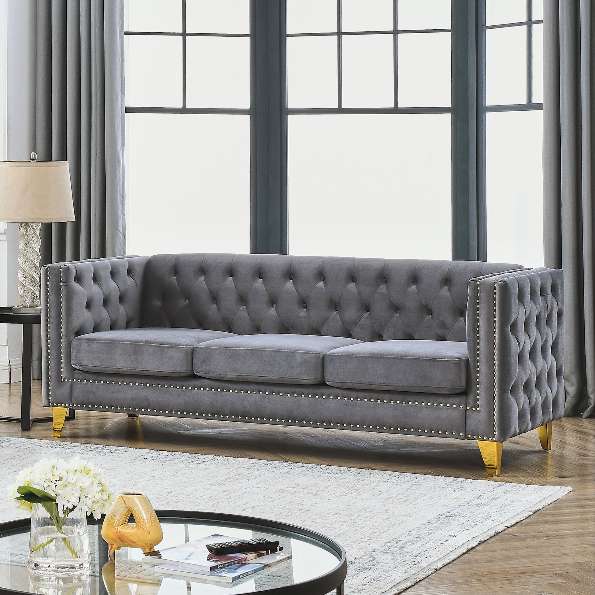 {Contact us for 3D modeling} Velvet Sofa for Living Room,Buttons Tufted Square Arm Couch, Modern Couch Upholstered Button and Metal Legs, Sofa Couch for Bedroom, Grey Velvet(W834S00020) image 3