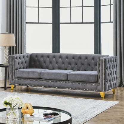 {Contact us for 3D modeling} Velvet Sofa for Living Room,Buttons Tufted Square Arm Couch, Modern Couch Upholstered Button and Metal Legs, Sofa Couch for Bedroom, Grey Velvet(W834S00020) image 3