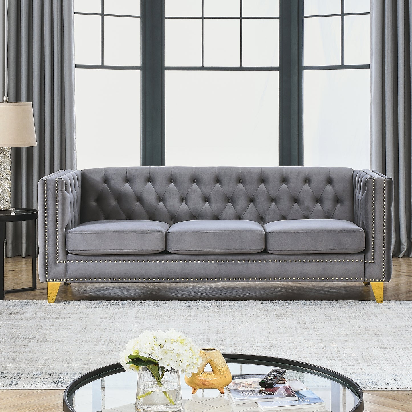 {Contact us for 3D modeling} Velvet Sofa for Living Room,Buttons Tufted Square Arm Couch, Modern Couch Upholstered Button and Metal Legs, Sofa Couch for Bedroom, Grey Velvet(W834S00020) image 1