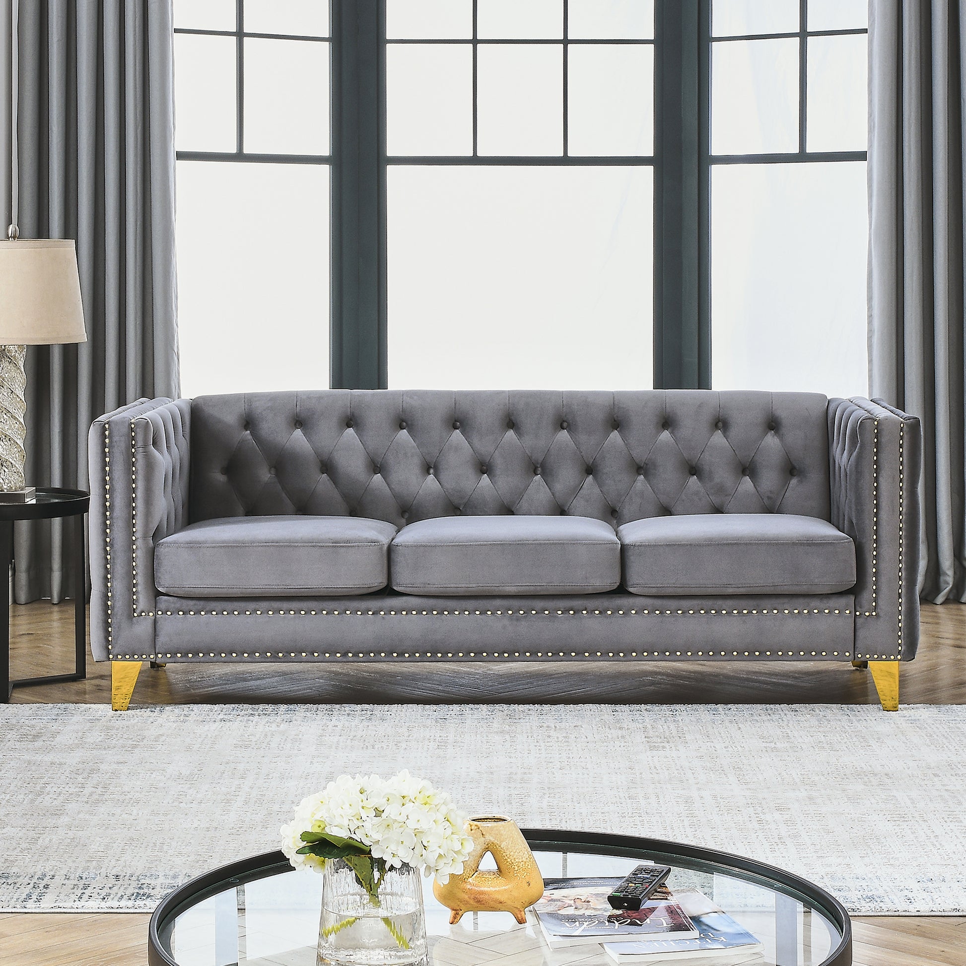 {Contact us for 3D modeling} Velvet Sofa for Living Room,Buttons Tufted Square Arm Couch, Modern Couch Upholstered Button and Metal Legs, Sofa Couch for Bedroom, Grey Velvet(W834S00020) image 1