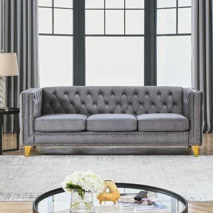 {Contact us for 3D modeling} Velvet Sofa for Living Room,Buttons Tufted Square Arm Couch, Modern Couch Upholstered Button and Metal Legs, Sofa Couch for Bedroom, Grey Velvet(W834S00020) image 1