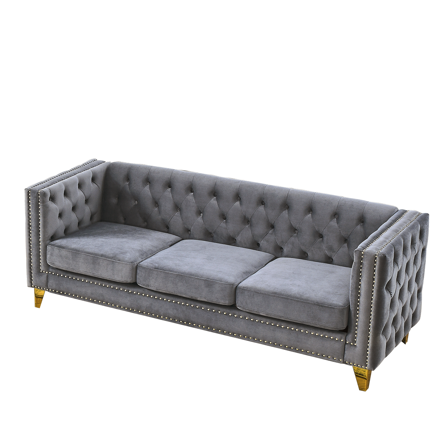 {Contact us for 3D modeling} Velvet Sofa for Living Room,Buttons Tufted Square Arm Couch, Modern Couch Upholstered Button and Metal Legs, Sofa Couch for Bedroom, Grey Velvet(W834S00020) image 4