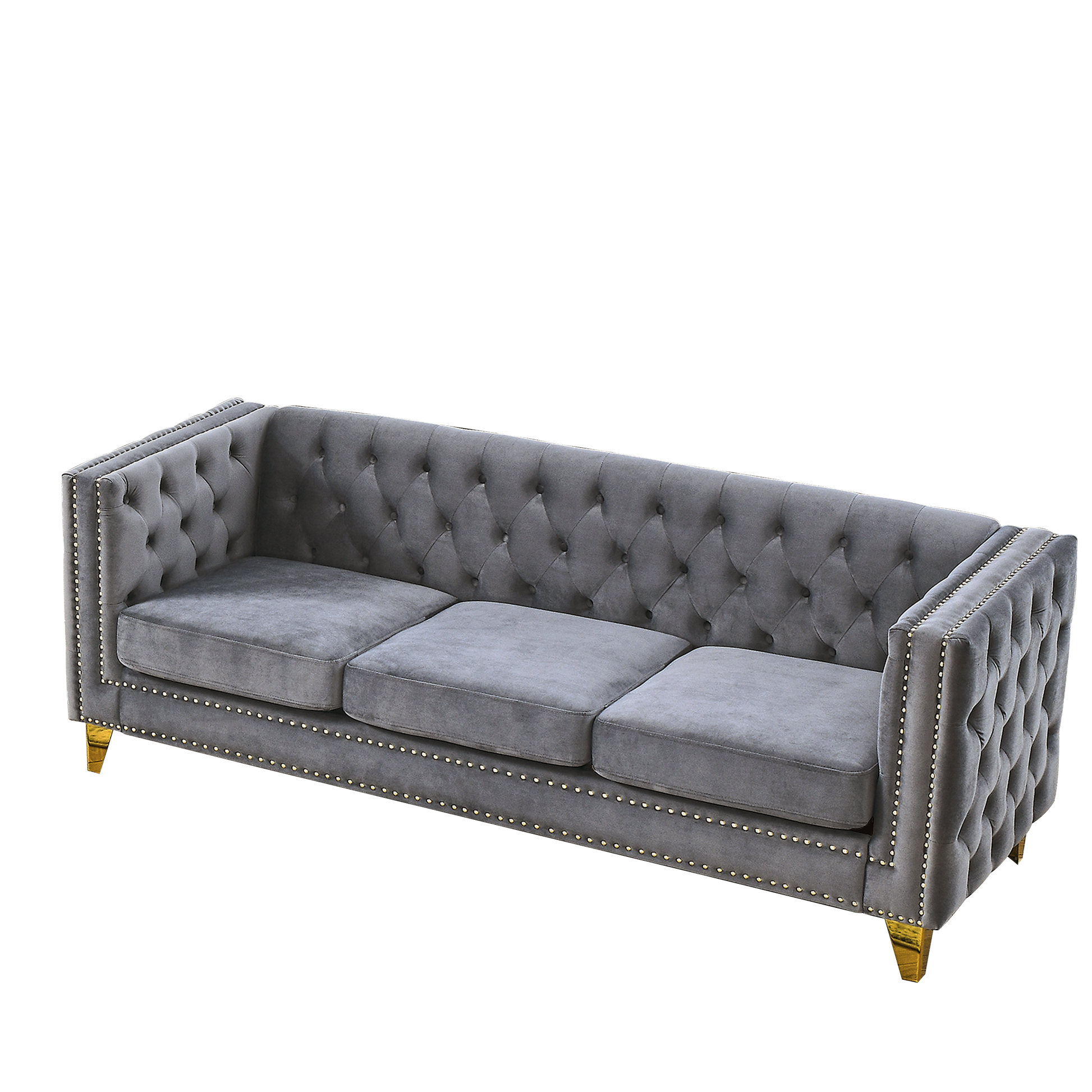 {Contact us for 3D modeling} Velvet Sofa for Living Room,Buttons Tufted Square Arm Couch, Modern Couch Upholstered Button and Metal Legs, Sofa Couch for Bedroom, Grey Velvet(W834S00020) image 4