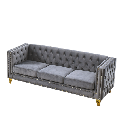 {Contact us for 3D modeling} Velvet Sofa for Living Room,Buttons Tufted Square Arm Couch, Modern Couch Upholstered Button and Metal Legs, Sofa Couch for Bedroom, Grey Velvet(W834S00020) image 4
