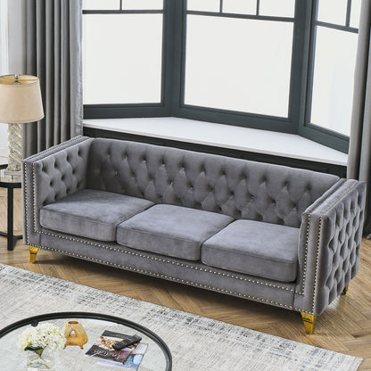 {Contact us for 3D modeling} Velvet Sofa for Living Room,Buttons Tufted Square Arm Couch, Modern Couch Upholstered Button and Metal Legs, Sofa Couch for Bedroom, Grey Velvet(W834S00020) image 2