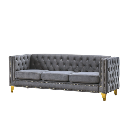 {Contact us for 3D modeling} Velvet Sofa for Living Room,Buttons Tufted Square Arm Couch, Modern Couch Upholstered Button and Metal Legs, Sofa Couch for Bedroom, Grey Velvet(W834S00020) image 5