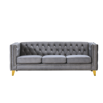 {Contact us for 3D modeling} Velvet Sofa for Living Room,Buttons Tufted Square Arm Couch, Modern Couch Upholstered Button and Metal Legs, Sofa Couch for Bedroom, Grey Velvet(W834S00020) image 6