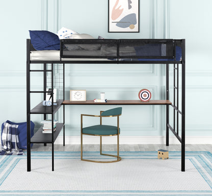 Metal Full Size Loft Bed with Desk & Shelves/ Sturdy Metal Bed Frame/ Noise-free Wood Slats/ Comfortable Textilene Guardrail/ Built-in Desk, 2-tier Shelves & Grid Panel/ 2 Side Ladders image 1