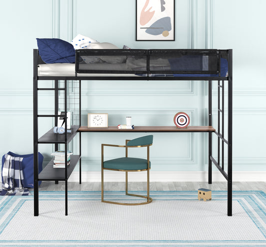 Metal Full Size Loft Bed with Desk & Shelves/ Sturdy Metal Bed Frame/ Noise-free Wood Slats/ Comfortable Textilene Guardrail/ Built-in Desk, 2-tier Shelves & Grid Panel/ 2 Side Ladders image 1
