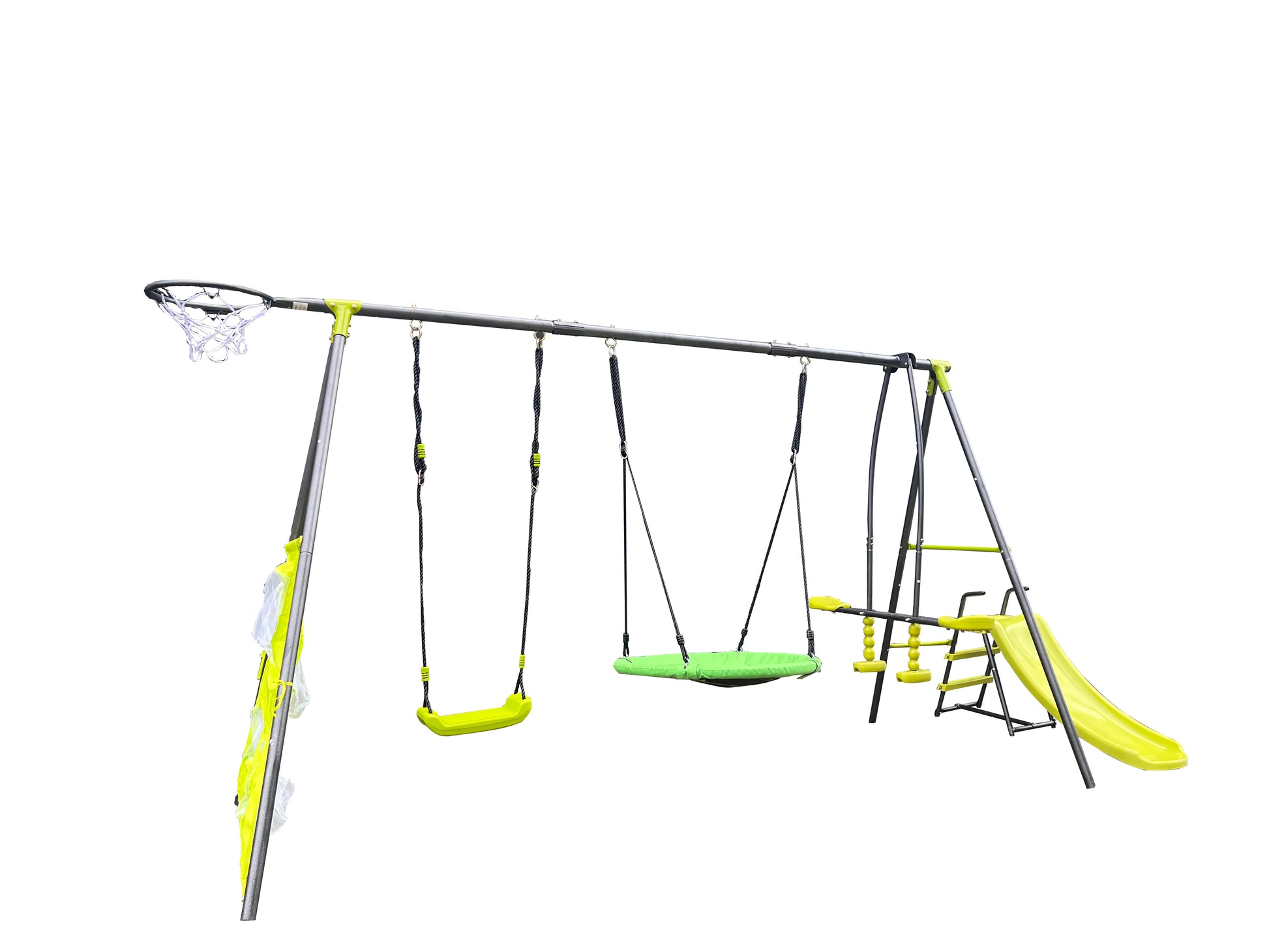 XNS052 green and blue interesting six function swingset with net swing metal plastic safe swing set 440lbs for outdoor playground for age 3+ with 31.5in net swing image 3