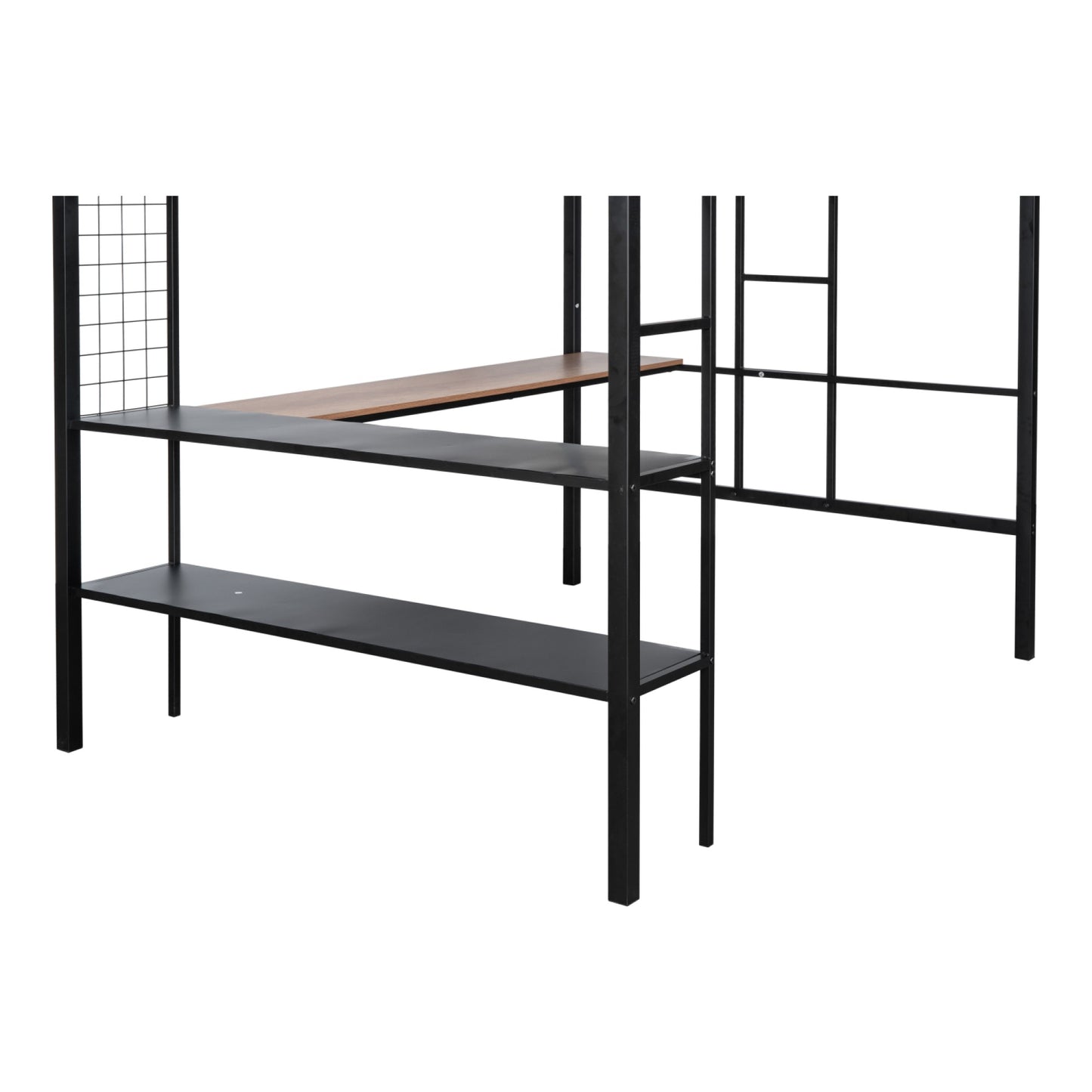 Metal Full Size Loft Bed with Desk & Shelves/ Sturdy Metal Bed Frame/ Noise-free Wood Slats/ Comfortable Textilene Guardrail/ Built-in Desk, 2-tier Shelves & Grid Panel/ 2 Side Ladders image 10